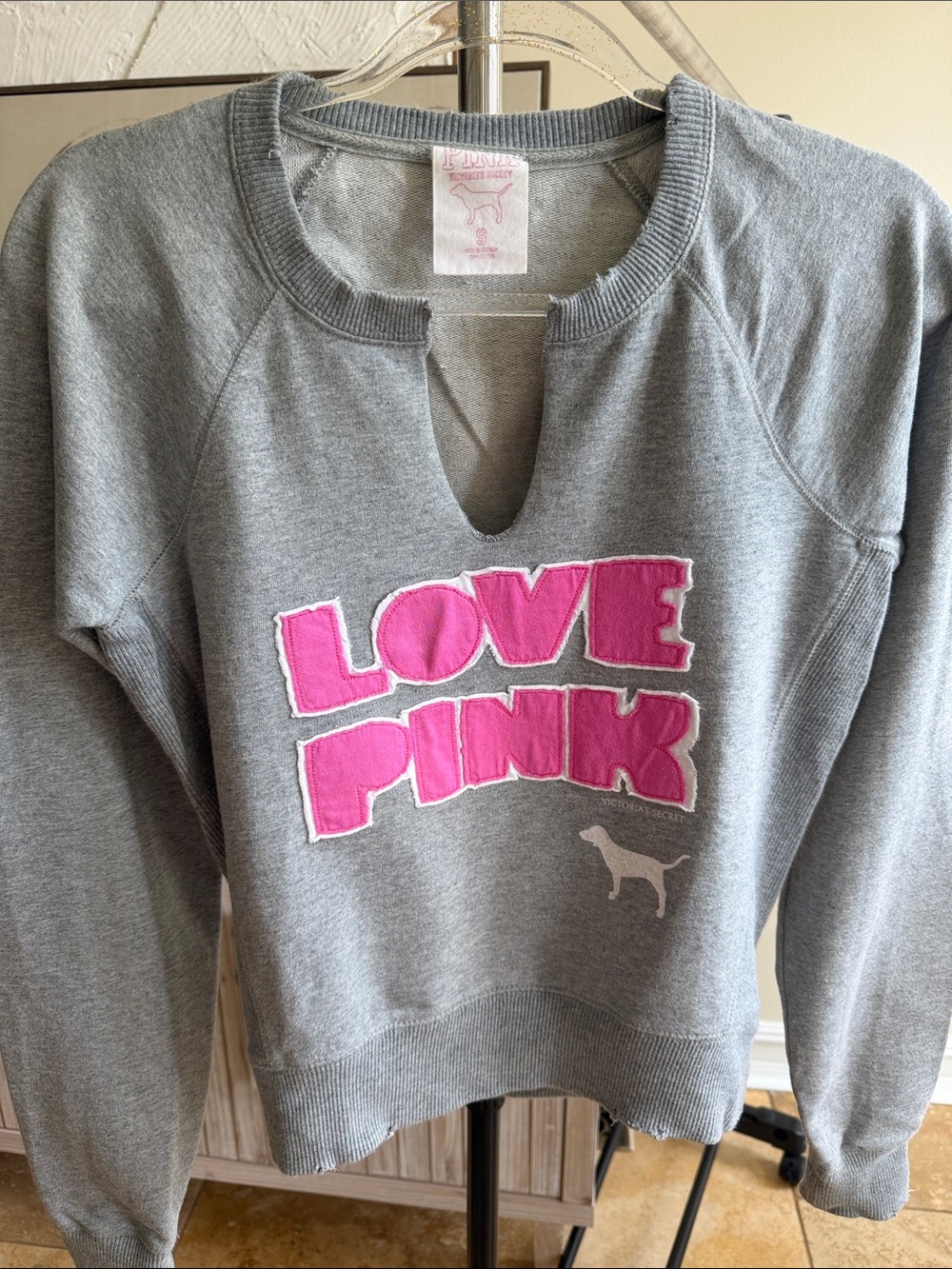 PINK Victoria's Secret Gray Crewneck Sweatshirt with Pink LOVE PINK Applique